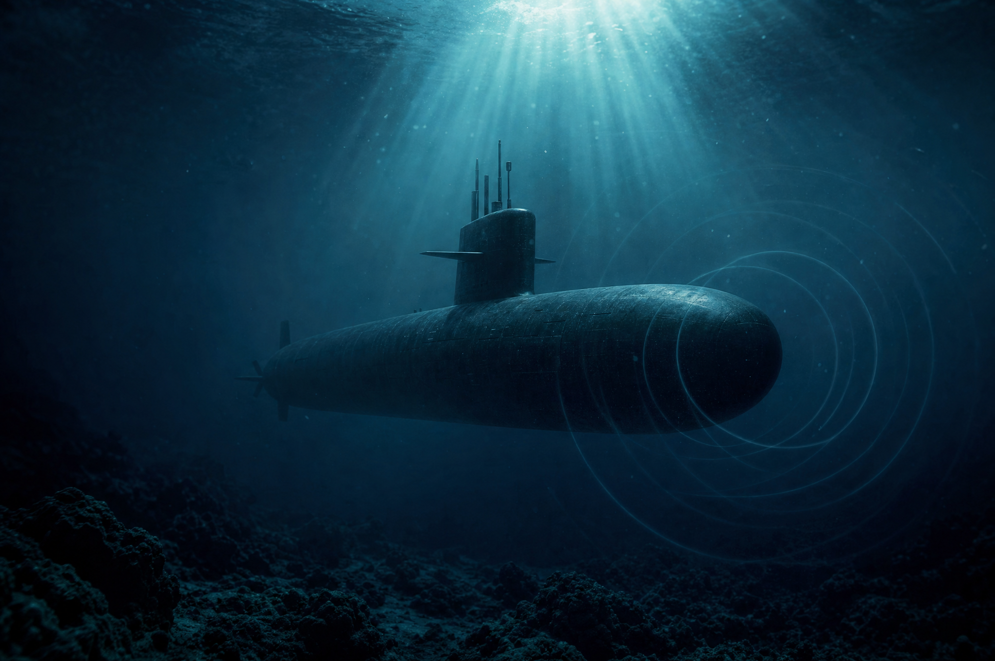 Submarine in deep blue ocean water