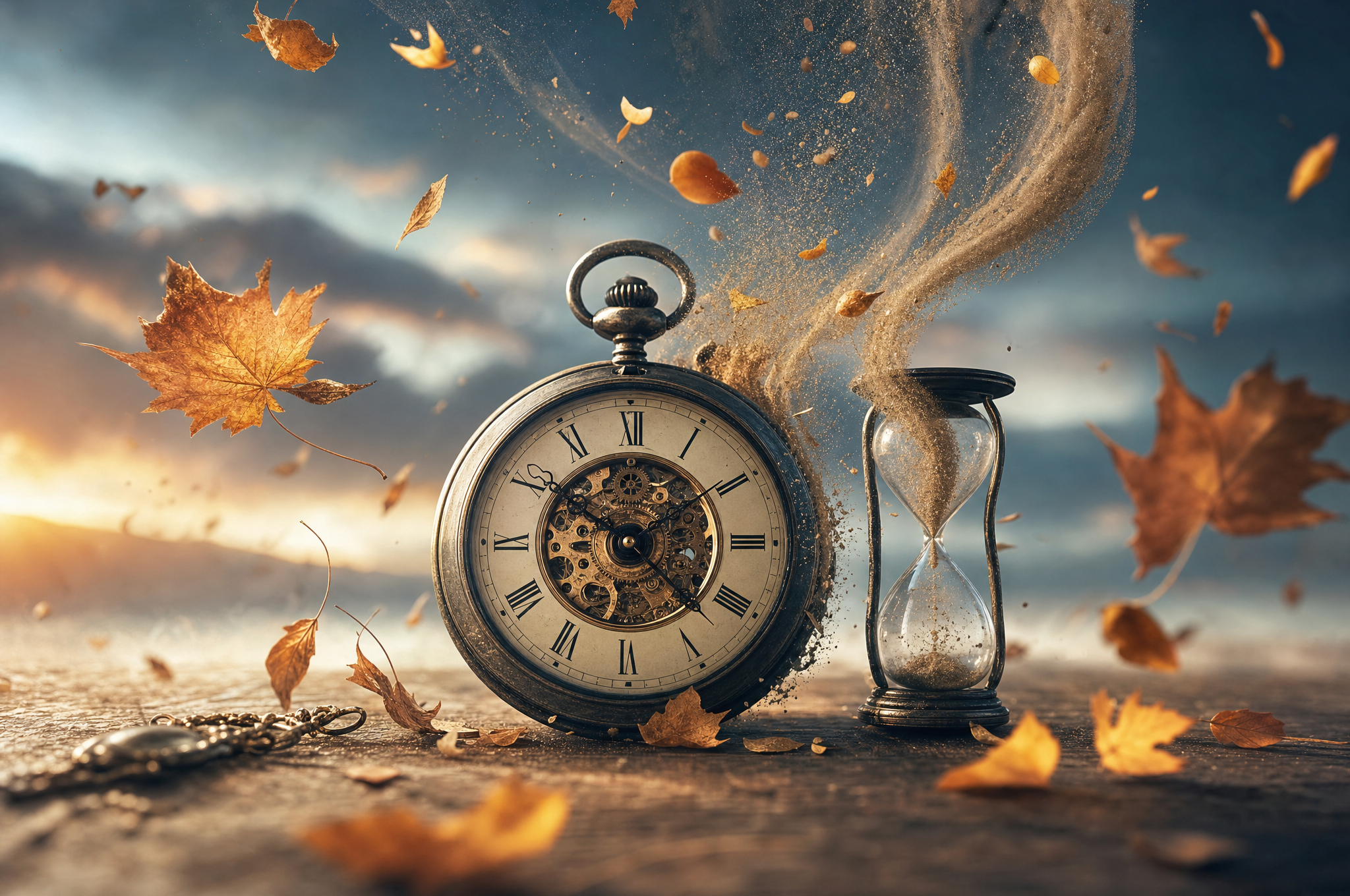 A vintage pocket watch and autumn leaves representing the passage of time and memory